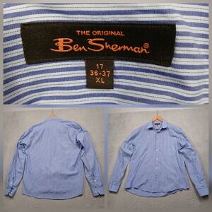 Ben Sherman Dress Shirt Men's XL 17 Blue White Stripe Long Sleeve‎ Cotton